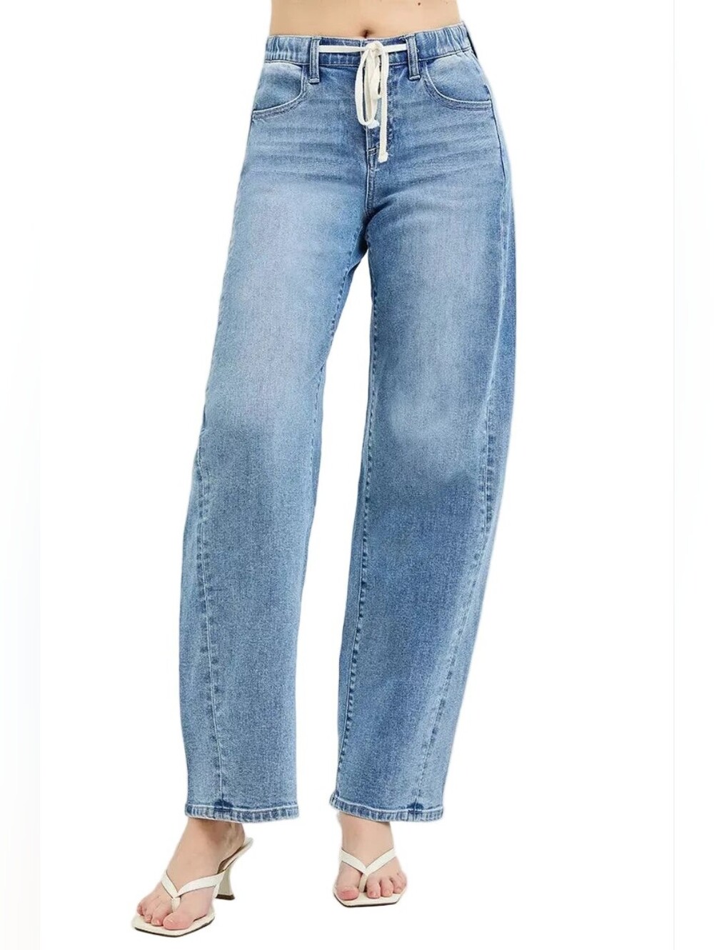 Risen High-Waist Drawstring Elastic Waist Relaxed Fit Panel Wide-Leg Denim Jeans - Picture 5 of 15